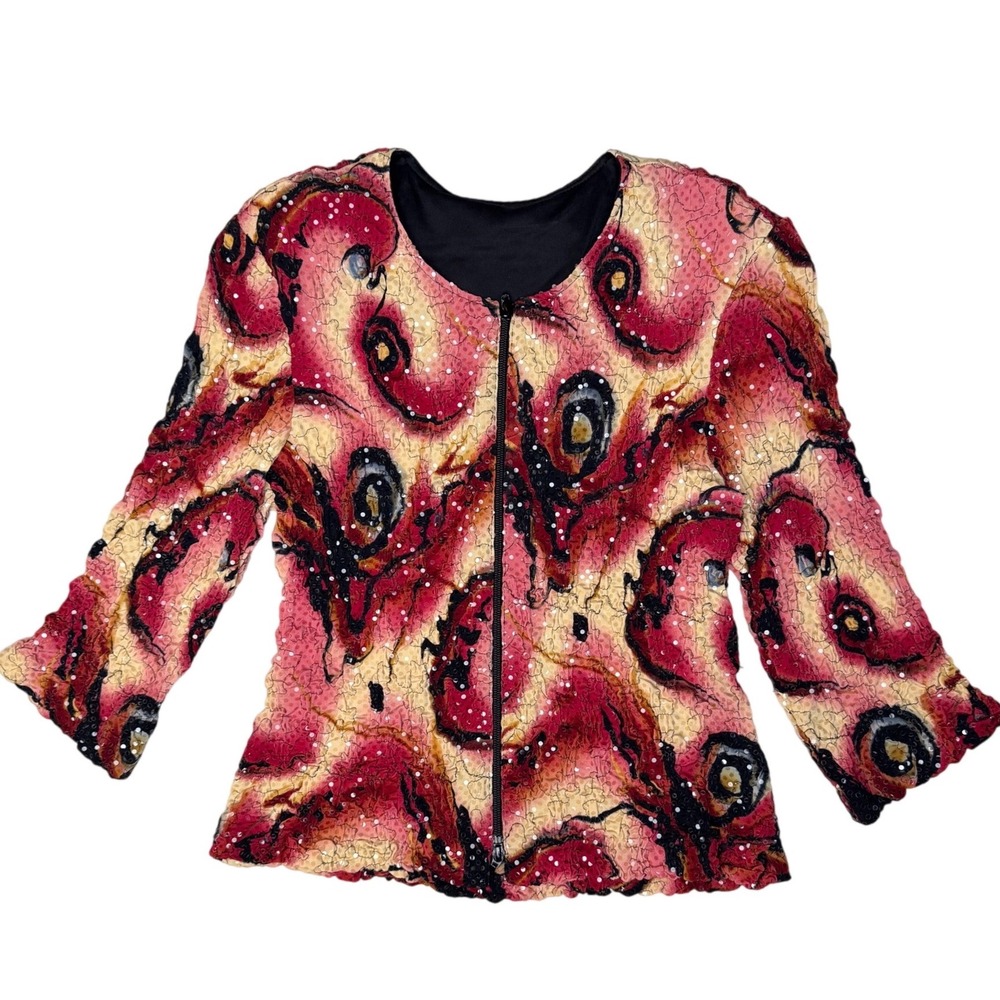 Vintageโ Sequins Crinkle Blazer Red Black Swirl Print Zip Up Lightweight Knit M